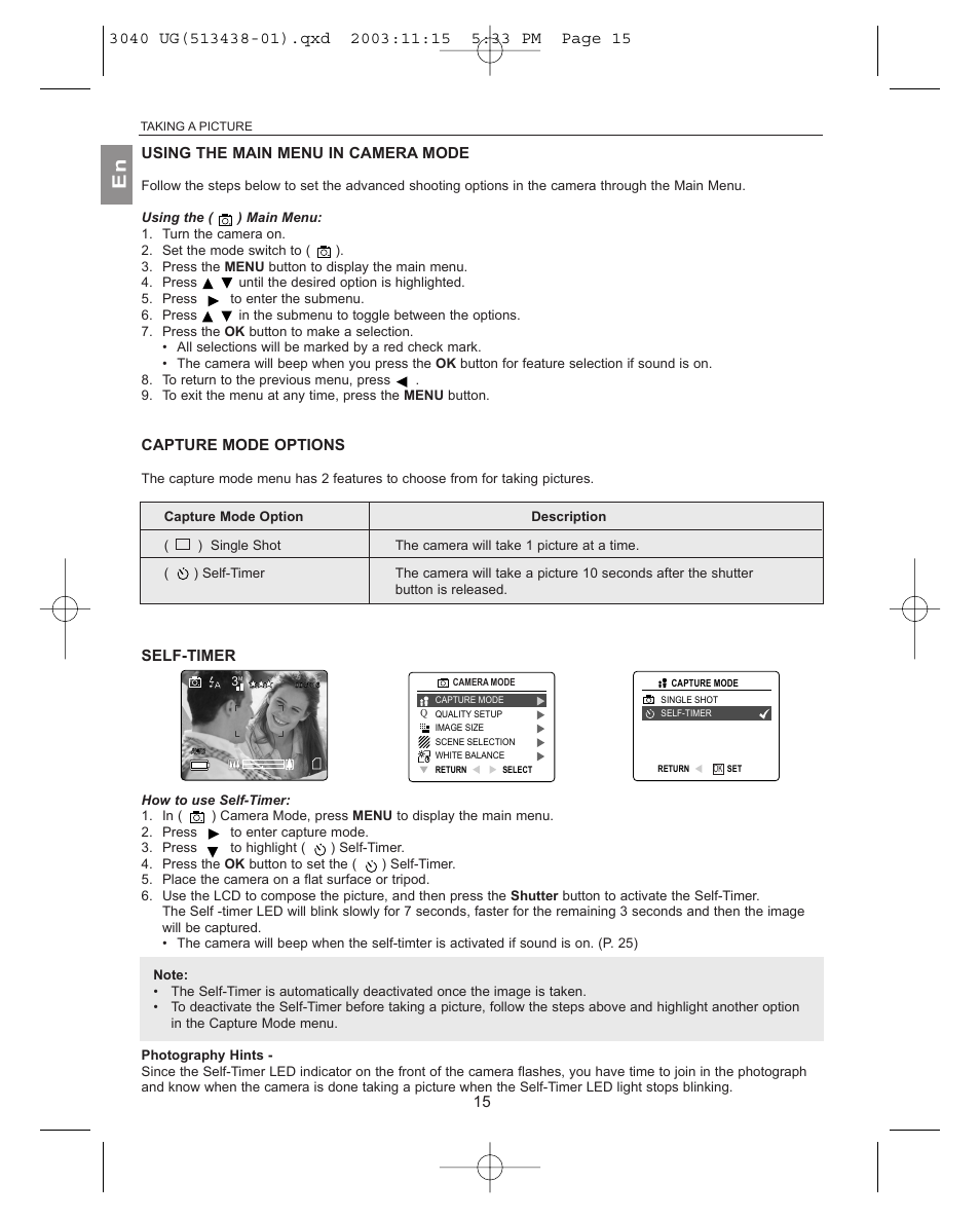 Capture mode options, Self-timer, Using the main menu in camera mode | Concord Camera 3040AF User Manual | Page 16 / 54