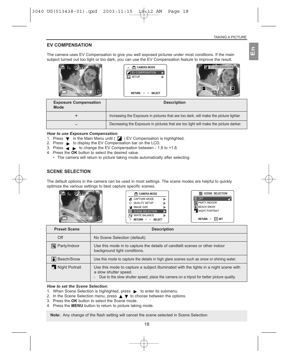 Ev compensation, Scene selection | Concord Camera 3040AF User Manual | Page 19 / 54