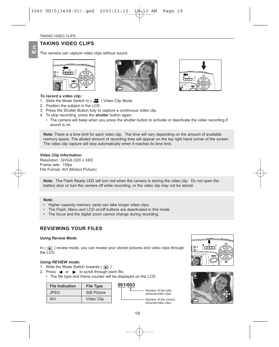 Taking video aking video clips, Reviewing reviewing your your files, Taking video clips aking video clips | Reviewing, Reviewing your files your files, Taking video clips | Concord Camera 3040AF User Manual | Page 20 / 54