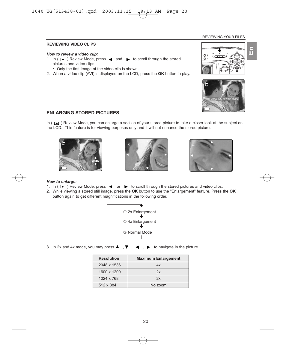 Reviewing video clips, Enlarging stored pictures | Concord Camera 3040AF User Manual | Page 21 / 54