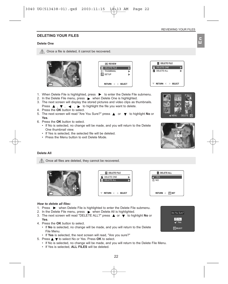 Deleting your files, Delete one, Delete all | Concord Camera 3040AF User Manual | Page 23 / 54