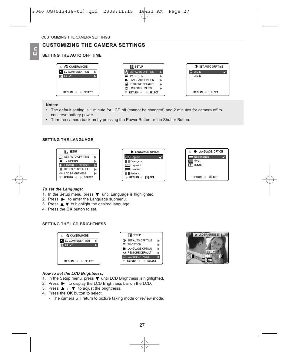 Setting the auto off time, Setting the language, Setting the lcd brightness | Cust | Concord Camera 3040AF User Manual | Page 28 / 54