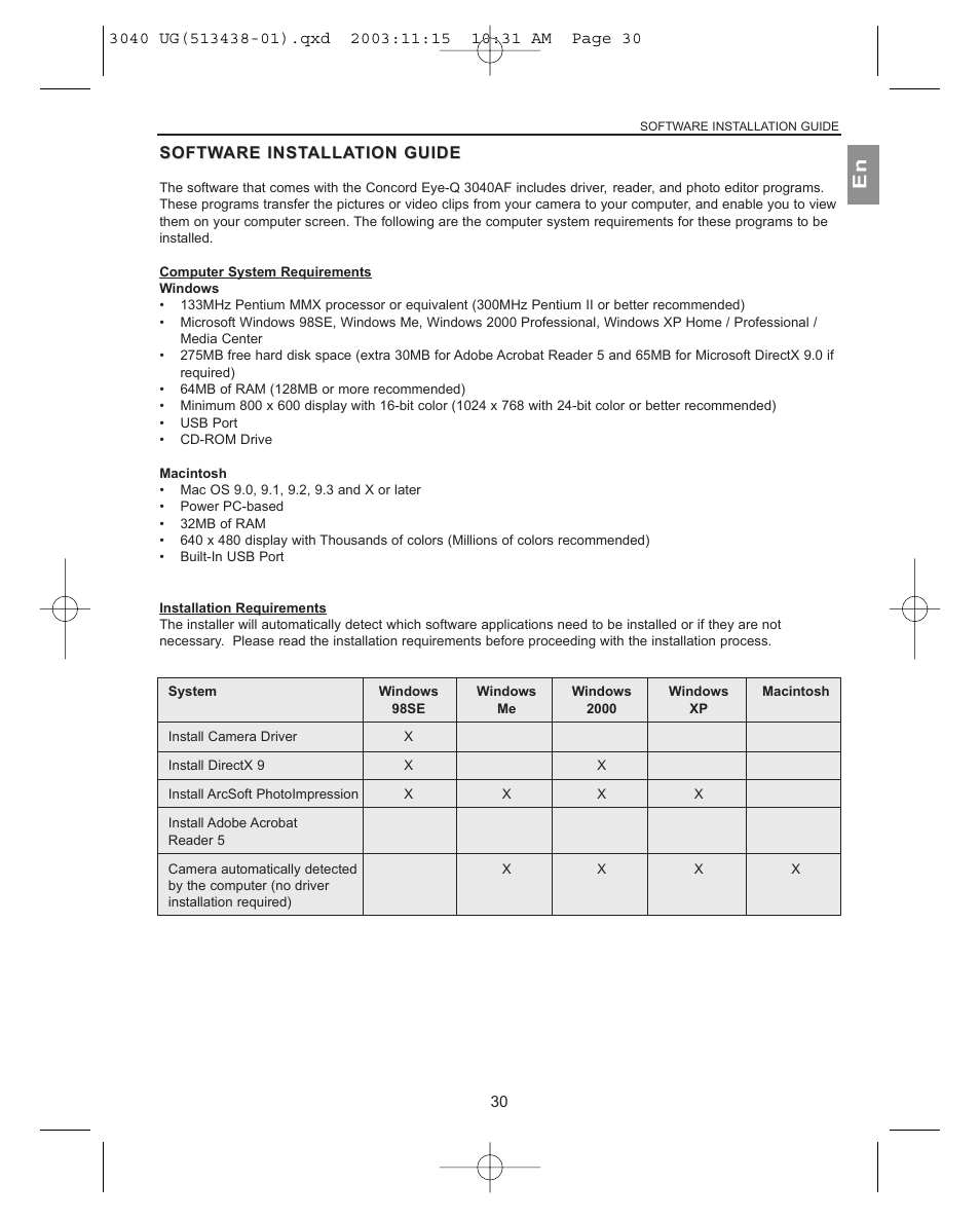 Computer system requirements, Windows, Macintosh | Installation requirements | Concord Camera 3040AF User Manual | Page 31 / 54