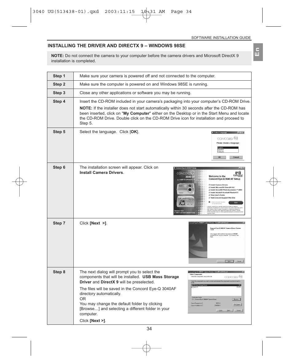 Installing the driver and directx 9 – windows 98se | Concord Camera 3040AF User Manual | Page 35 / 54