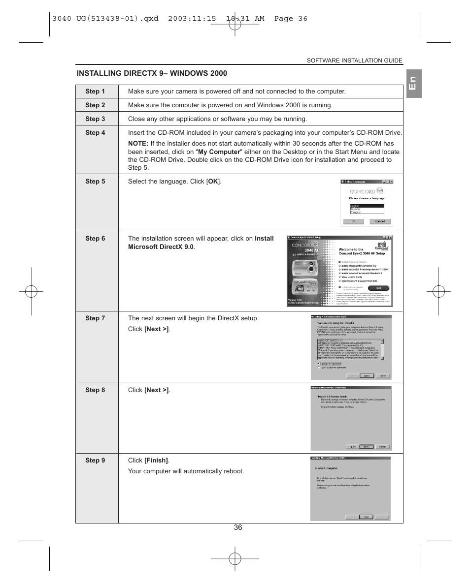 Installing directx 9– windows 2000 | Concord Camera 3040AF User Manual | Page 37 / 54