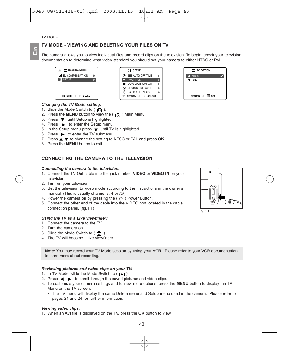 Tv mode - viewing and deleting your files on tv, Connecting the camera to the television | Concord Camera 3040AF User Manual | Page 44 / 54