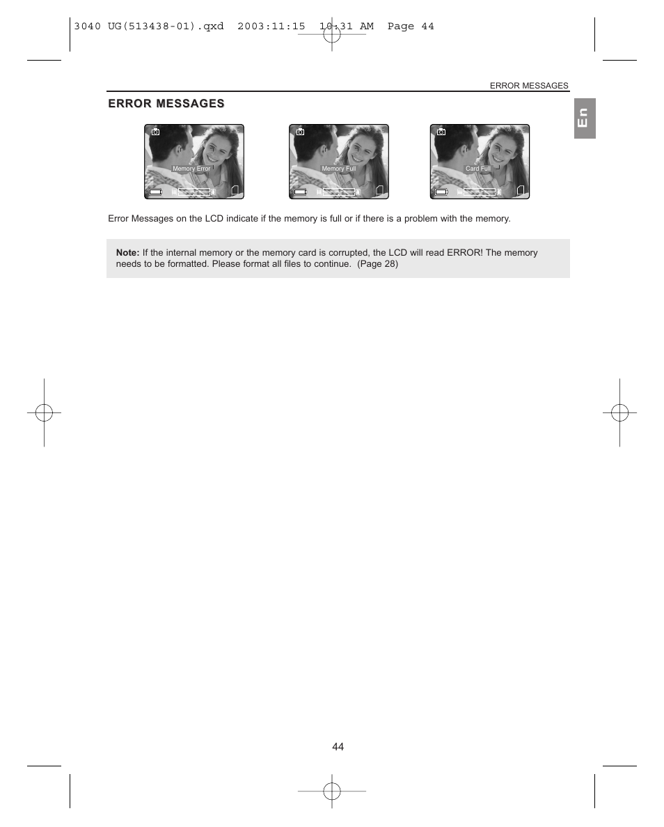 Error messages error messages, Error messages | Concord Camera 3040AF User Manual | Page 45 / 54