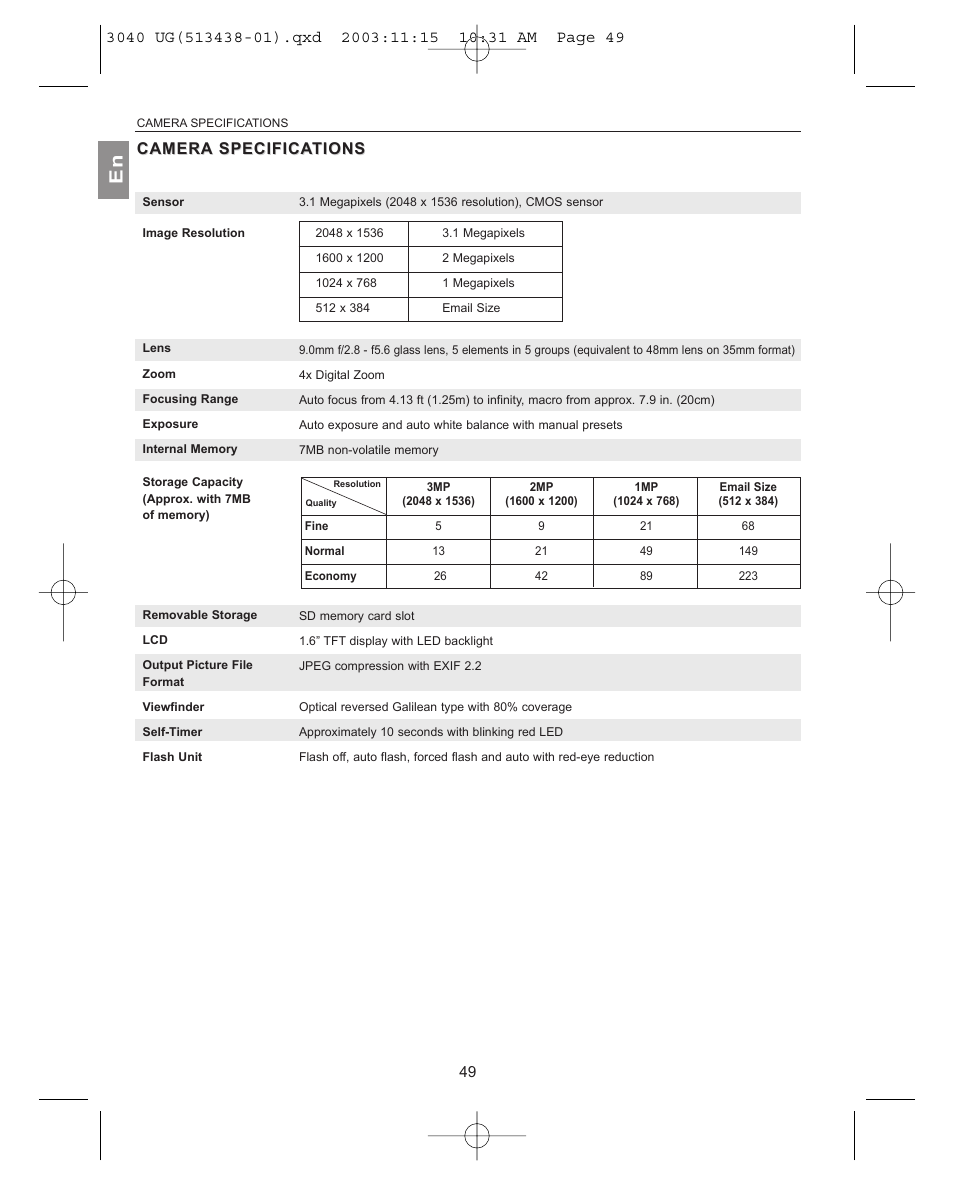 Camera camera specifications, Camera, Camera specifica specifica tions tions | Concord Camera 3040AF User Manual | Page 50 / 54