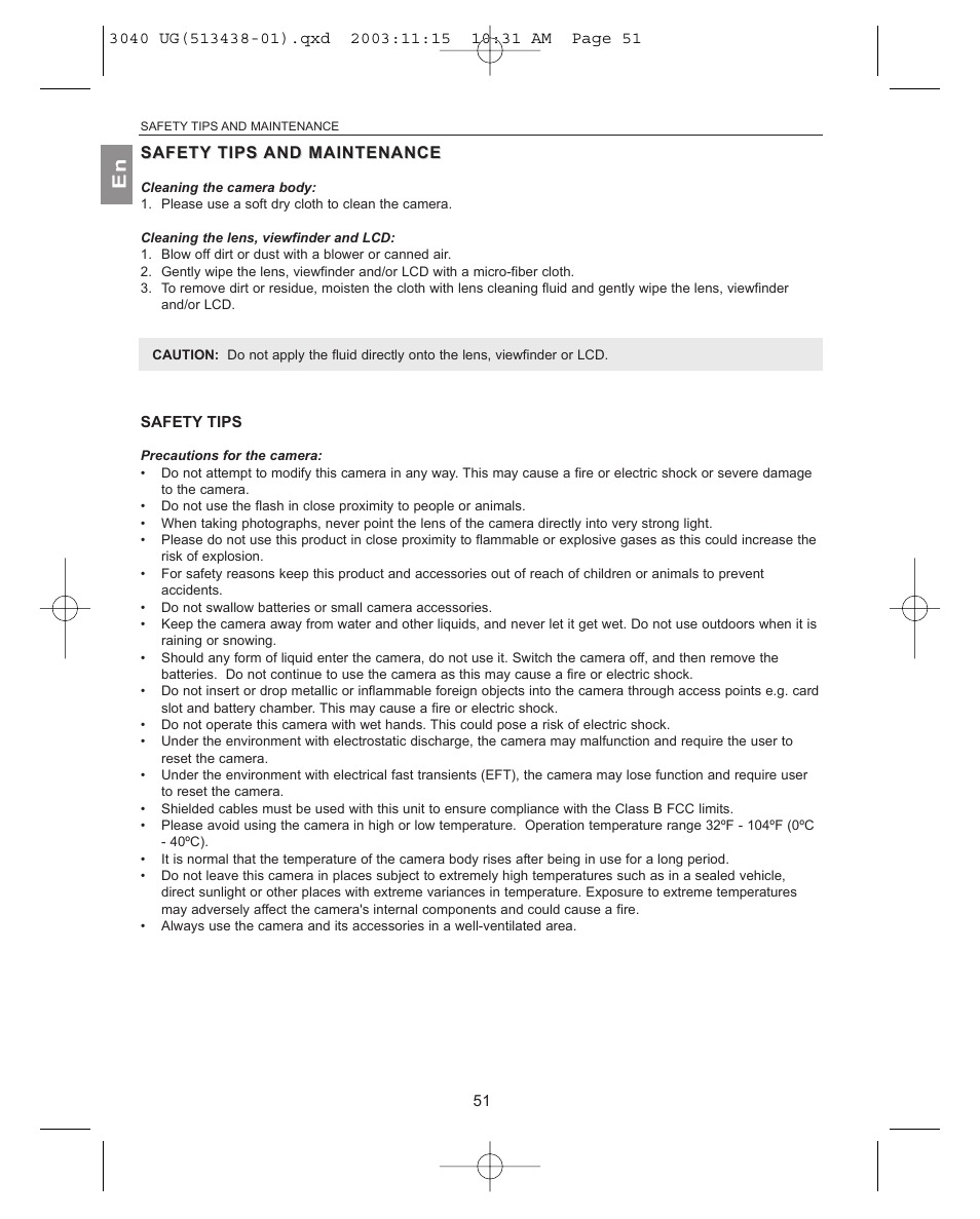 Safety safety tips tips and and maintenance, Cleaning the camera body, Precautions for the camera | Concord Camera 3040AF User Manual | Page 52 / 54