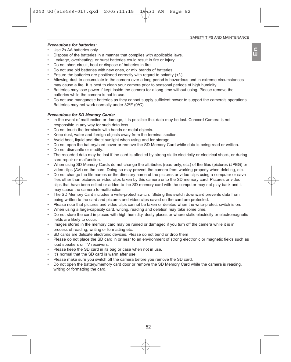 Precautions for batteries, Precautions for sd memory cards | Concord Camera 3040AF User Manual | Page 53 / 54