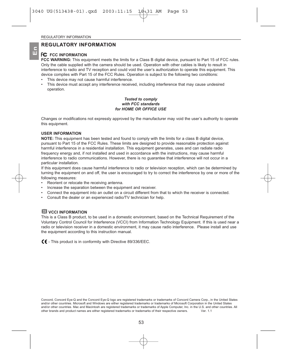 Regula regulator ory information | Concord Camera 3040AF User Manual | Page 54 / 54