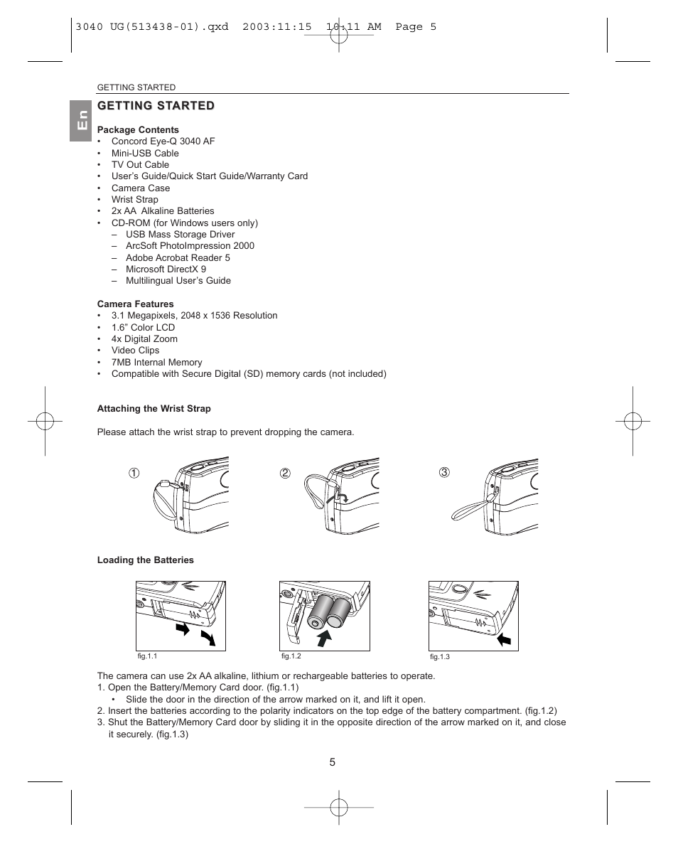 Getting getting started, Package contents, Camera features | Attaching the wrist strap, Loading the batteries, Getting st, Getting st arted arted | Concord Camera 3040AF User Manual | Page 6 / 54