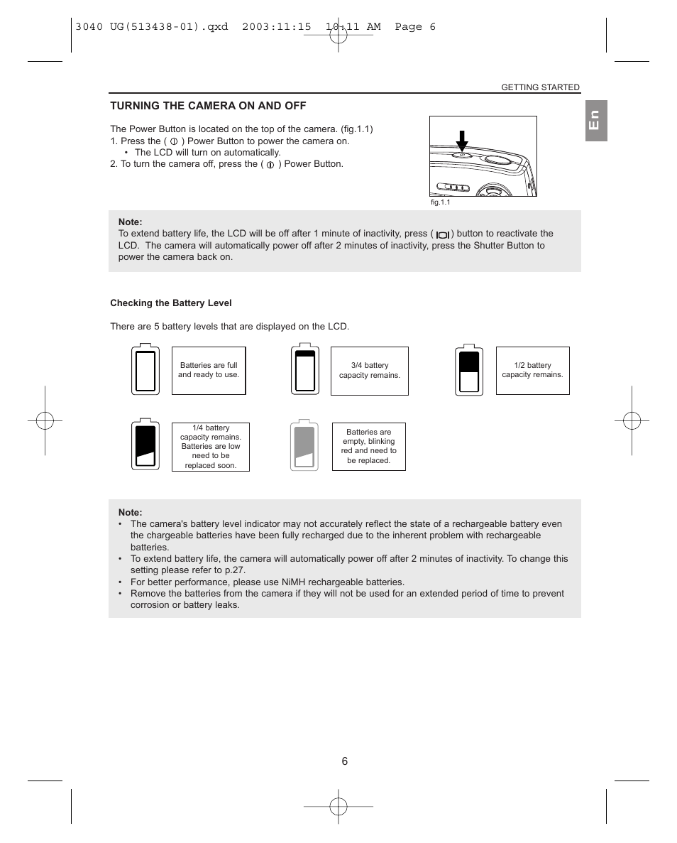 Turning the camera on and off, Checking the battery level | Concord Camera 3040AF User Manual | Page 7 / 54