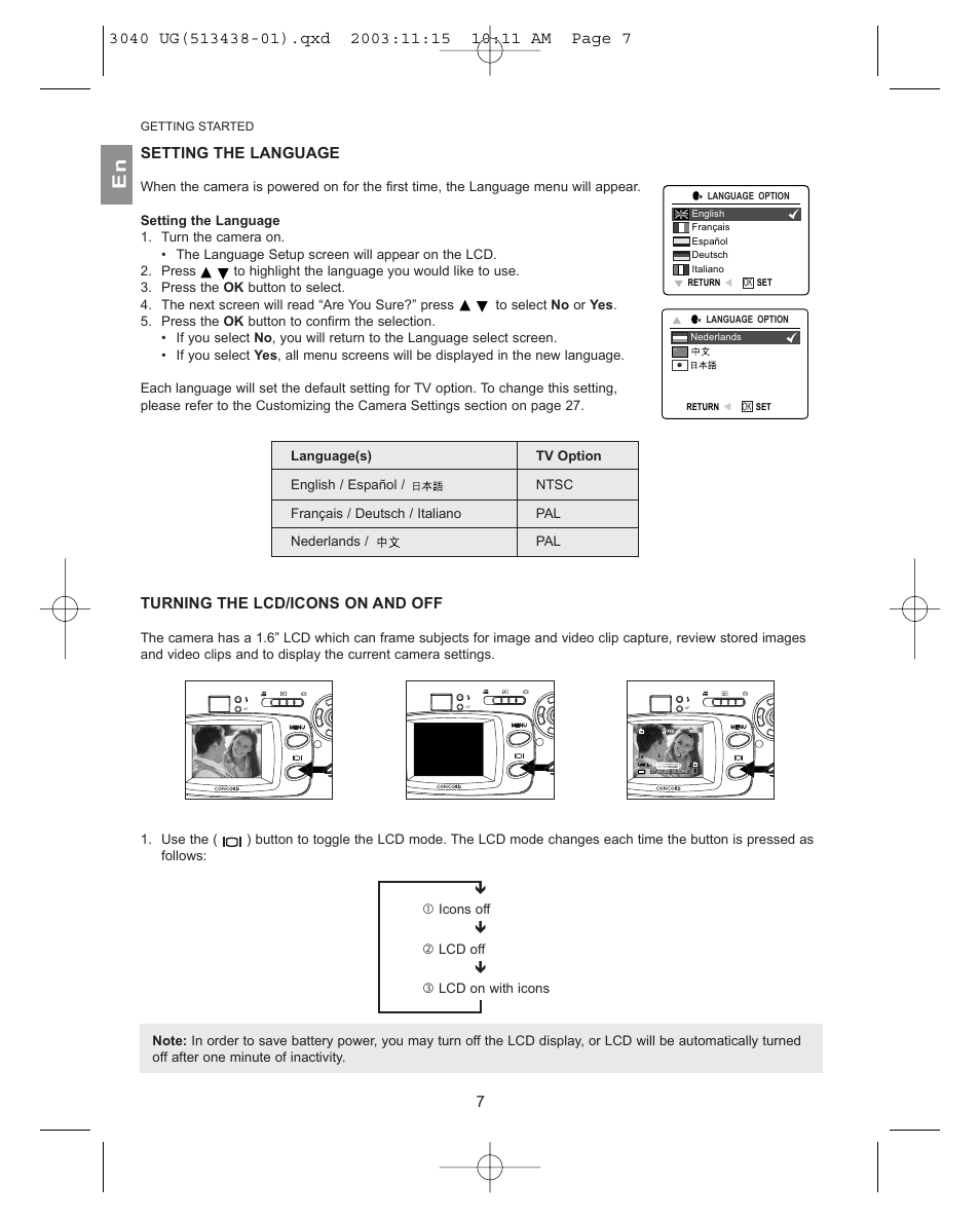 Setting the language, Turning the lcd/icons on and off, 7setting the language | Getting started | Concord Camera 3040AF User Manual | Page 8 / 54
