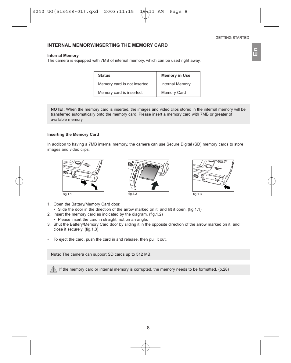 Internal memory/inserting the memory card, Inserting the memory card | Concord Camera 3040AF User Manual | Page 9 / 54