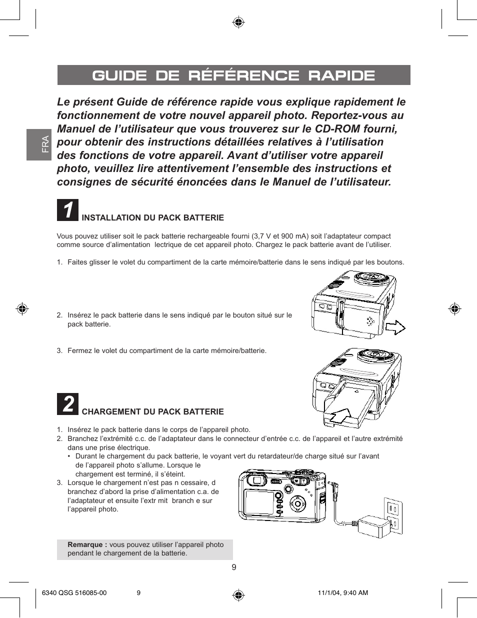 Guide de référence rapide, Installation du pack batterie, Chargement du pack batterie | Concord Camera 6340z User Manual | Page 11 / 59