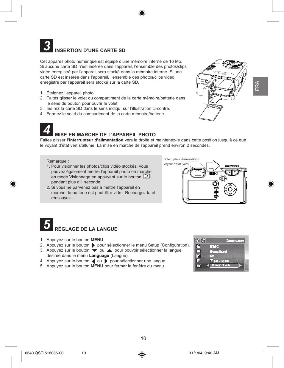 Insertion d’une carte sd, Mise en marche de l’appareil photo, Réglage de la langue | Concord Camera 6340z User Manual | Page 12 / 59