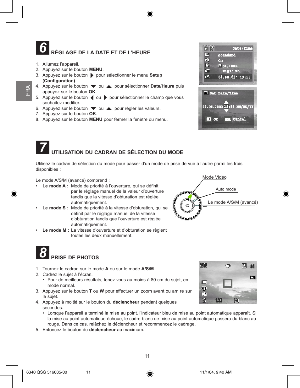 Réglage de la date et de l’heure, Utilisation du cadran de sélection du mode, Prise de photos | Concord Camera 6340z User Manual | Page 13 / 59