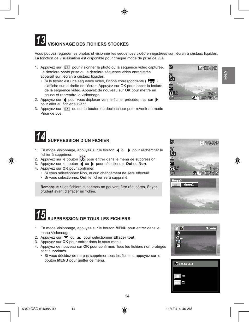 Visionnage des fichiers stockés, Suppression d’un fichier, Suppression de tous les fichiers | Concord Camera 6340z User Manual | Page 16 / 59
