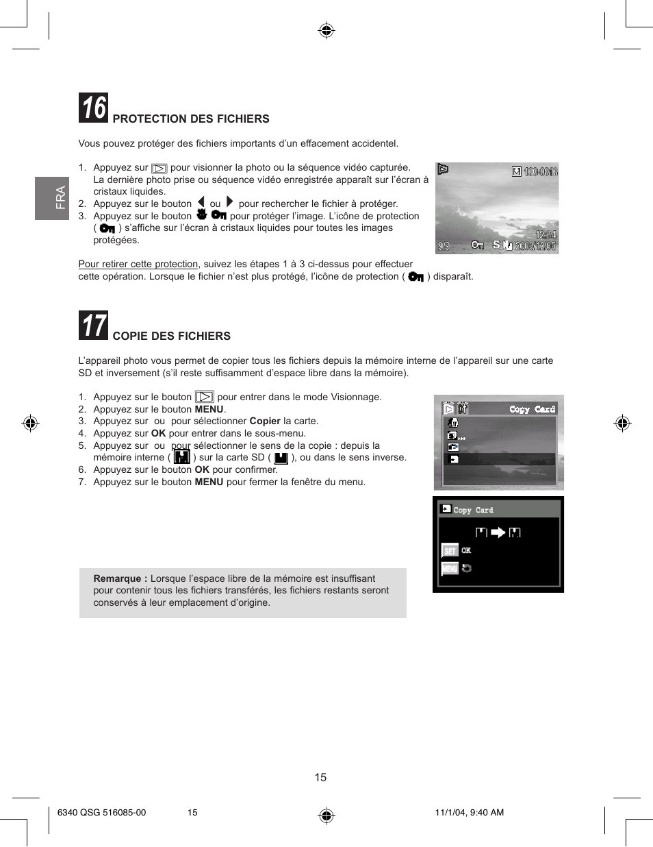Protection des fichiers, Copie des fichiers | Concord Camera 6340z User Manual | Page 17 / 59