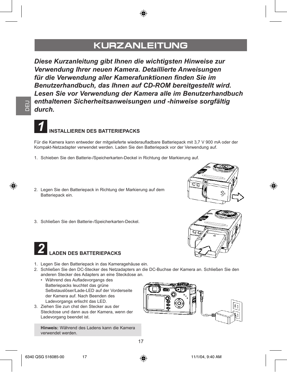 Kurzanleitung, Installieren des batteriepacks, Laden des batteriepacks | Concord Camera 6340z User Manual | Page 19 / 59