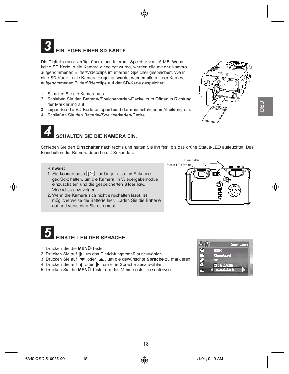 Einlegen einer sd-karte, Schalten sie die kamera ein, Einstellen der sprache | Concord Camera 6340z User Manual | Page 20 / 59