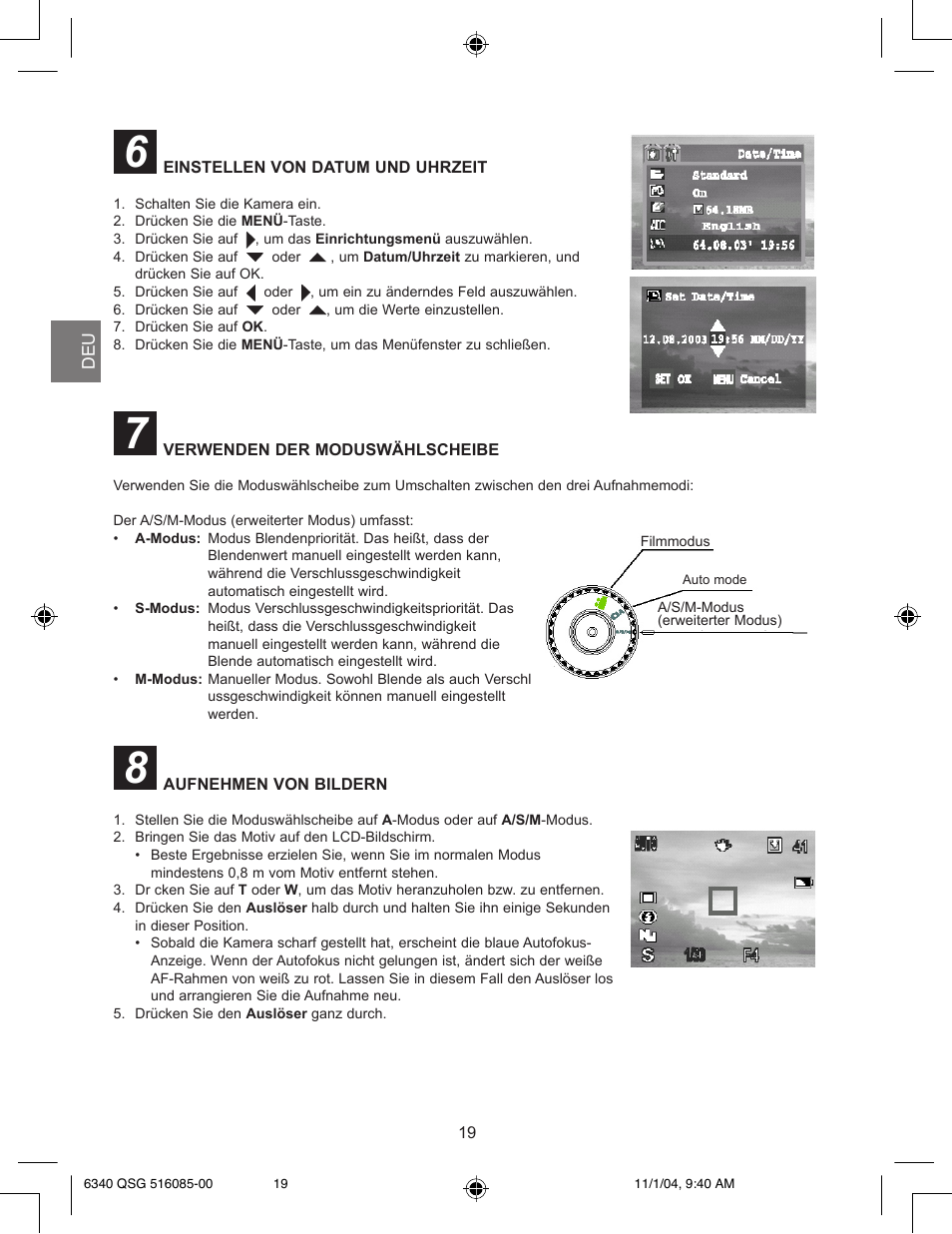 Einstellen von datum und uhrzeit, Verwenden der moduswählscheibe, Aufnehmen von bildern | Concord Camera 6340z User Manual | Page 21 / 59