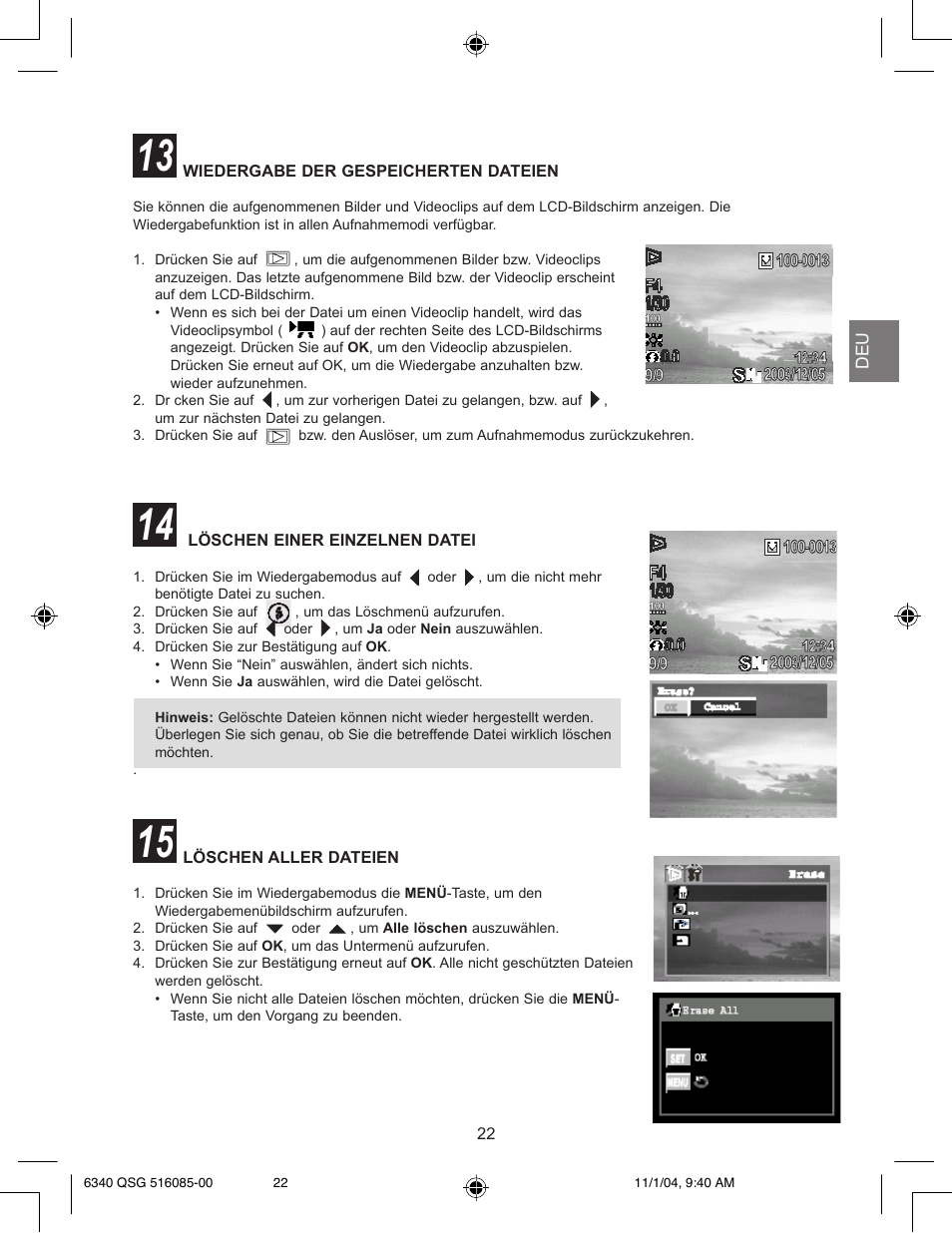 Wiedergabe der gespeicherten dateien, Löschen einer einzelnen datei, Löschen aller dateien | Concord Camera 6340z User Manual | Page 24 / 59