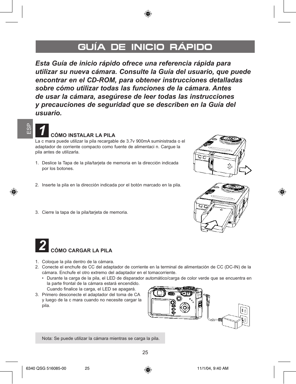 Guía de inicio rápido, Cómo instalar la pila, Cómo cargar la pila | Concord Camera 6340z User Manual | Page 27 / 59