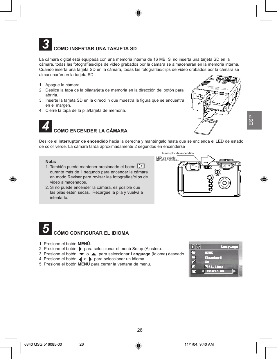 Cómo insertar una tarjeta sd, Cómo encender la cámara, Cómo configurar el idioma | Concord Camera 6340z User Manual | Page 28 / 59