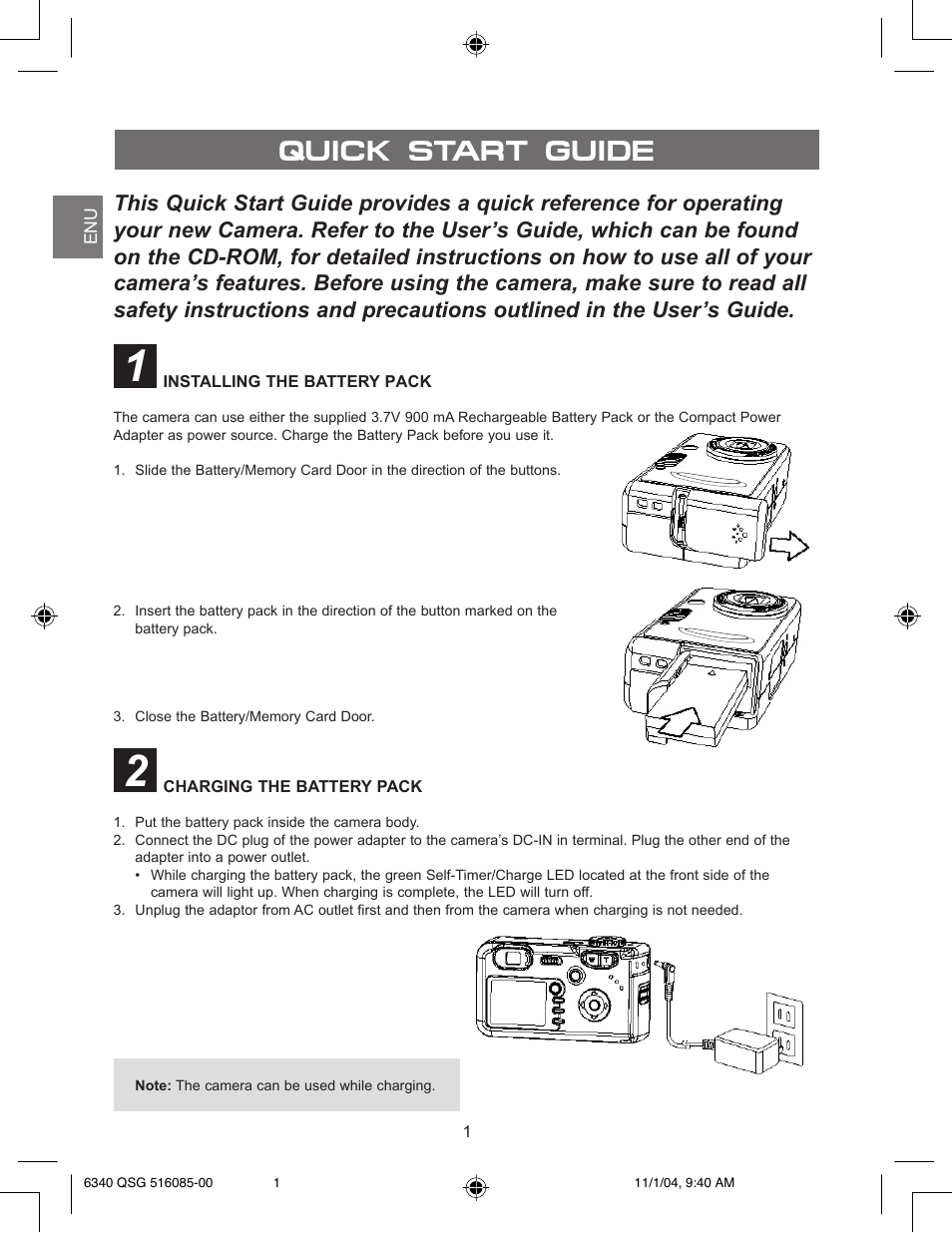 Installing the battery pack, Charging the battery pack, Quick start guide | Concord Camera 6340z User Manual | Page 3 / 59