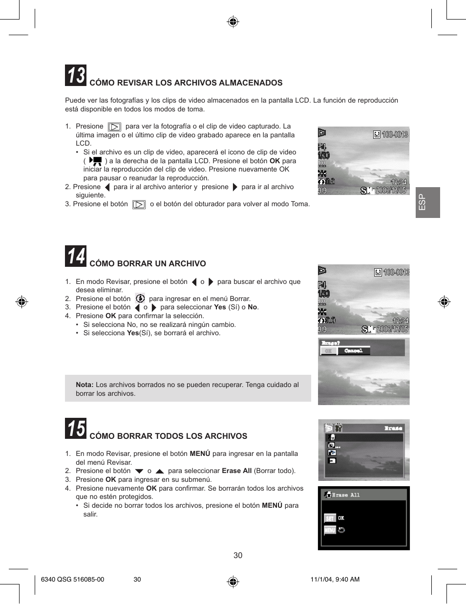 Cómo revisar los archivos almacenados, Cómo borrar un archivo | Concord Camera 6340z User Manual | Page 32 / 59