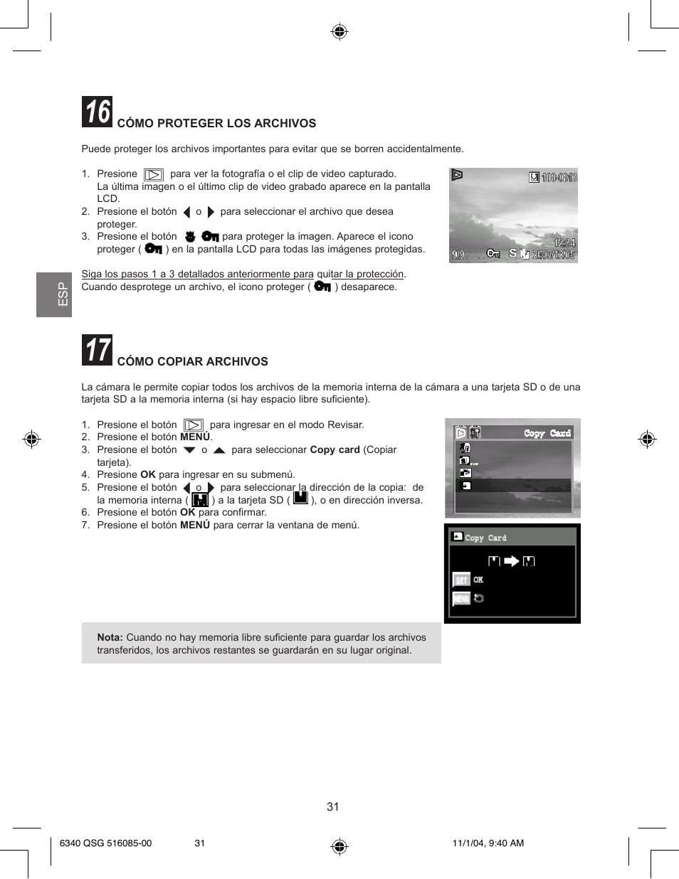 Cómo borrar todos los archivos, Cómo proteger los archivos, Cómo copiar archivos | Concord Camera 6340z User Manual | Page 33 / 59