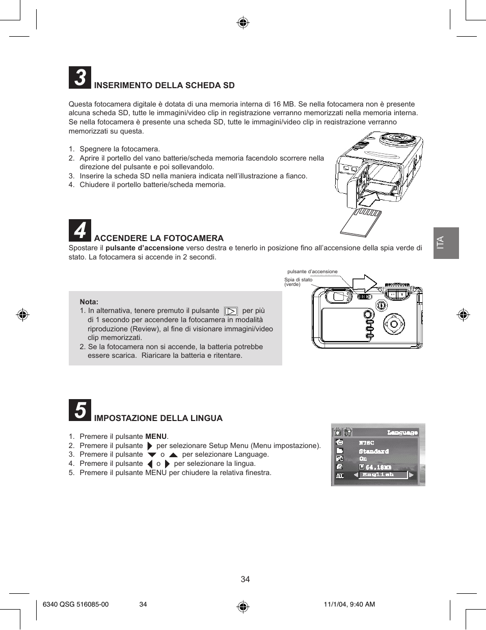 Inserimento della scheda sd, Accendere la fotocamera, Impostazione della lingua | Concord Camera 6340z User Manual | Page 36 / 59
