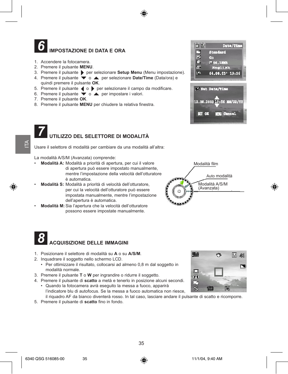 Impostazione di data e ora, Utilizzo del selettore di modalità, Acquisizione delle immagini | Concord Camera 6340z User Manual | Page 37 / 59
