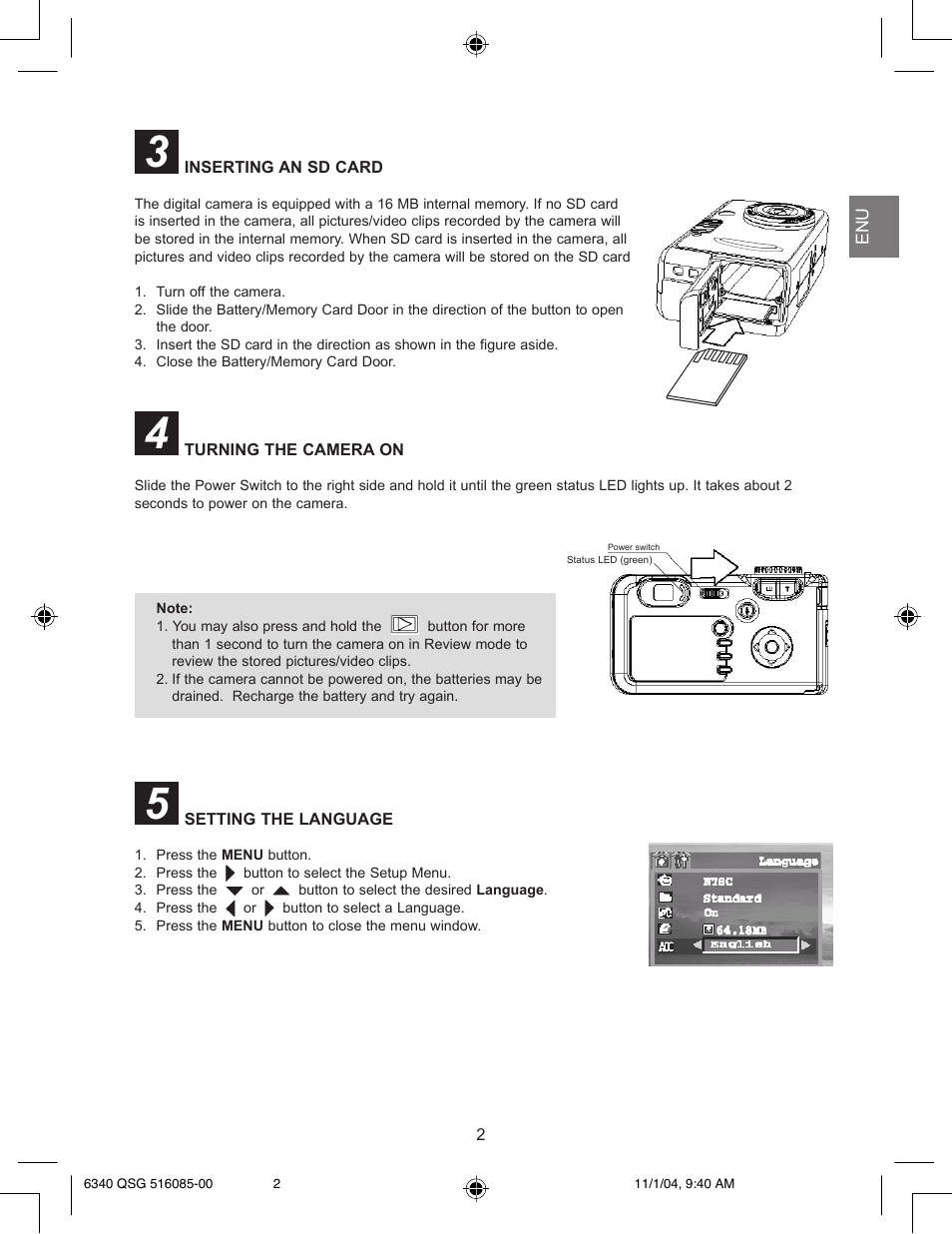 Inserting an sd card, Turning the camera on, Setting the language | Concord Camera 6340z User Manual | Page 4 / 59