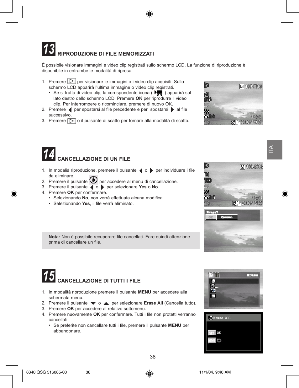 Riproduzione di file memorizzati, Cancellazione di un file | Concord Camera 6340z User Manual | Page 40 / 59