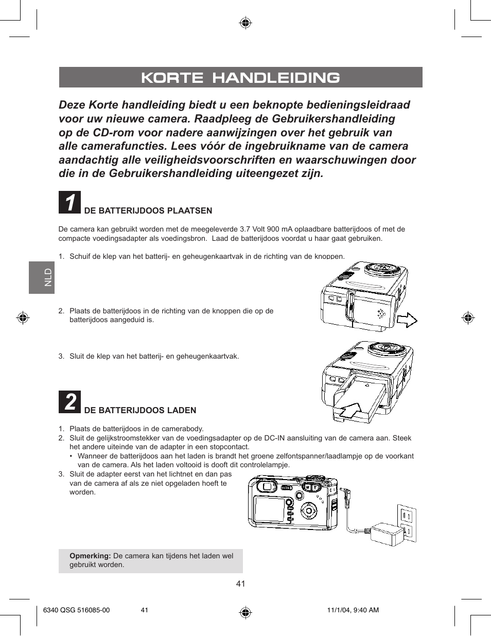Korte handleiding, De batterijdoos plaatsen, De batterijdoos laden | Concord Camera 6340z User Manual | Page 43 / 59