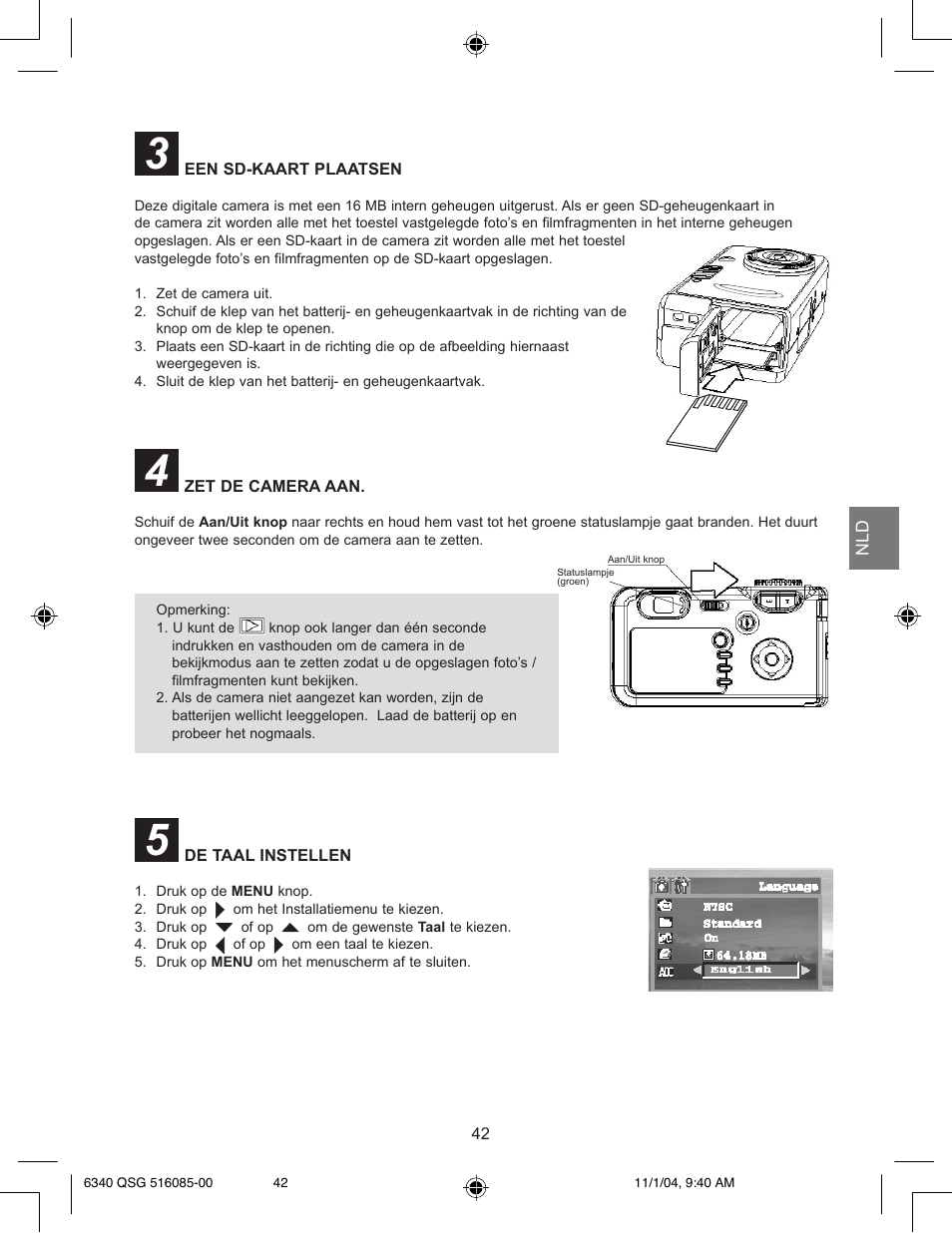 Een sd-kaart plaatsen, Zet de camera aan, De taal instellen | Concord Camera 6340z User Manual | Page 44 / 59