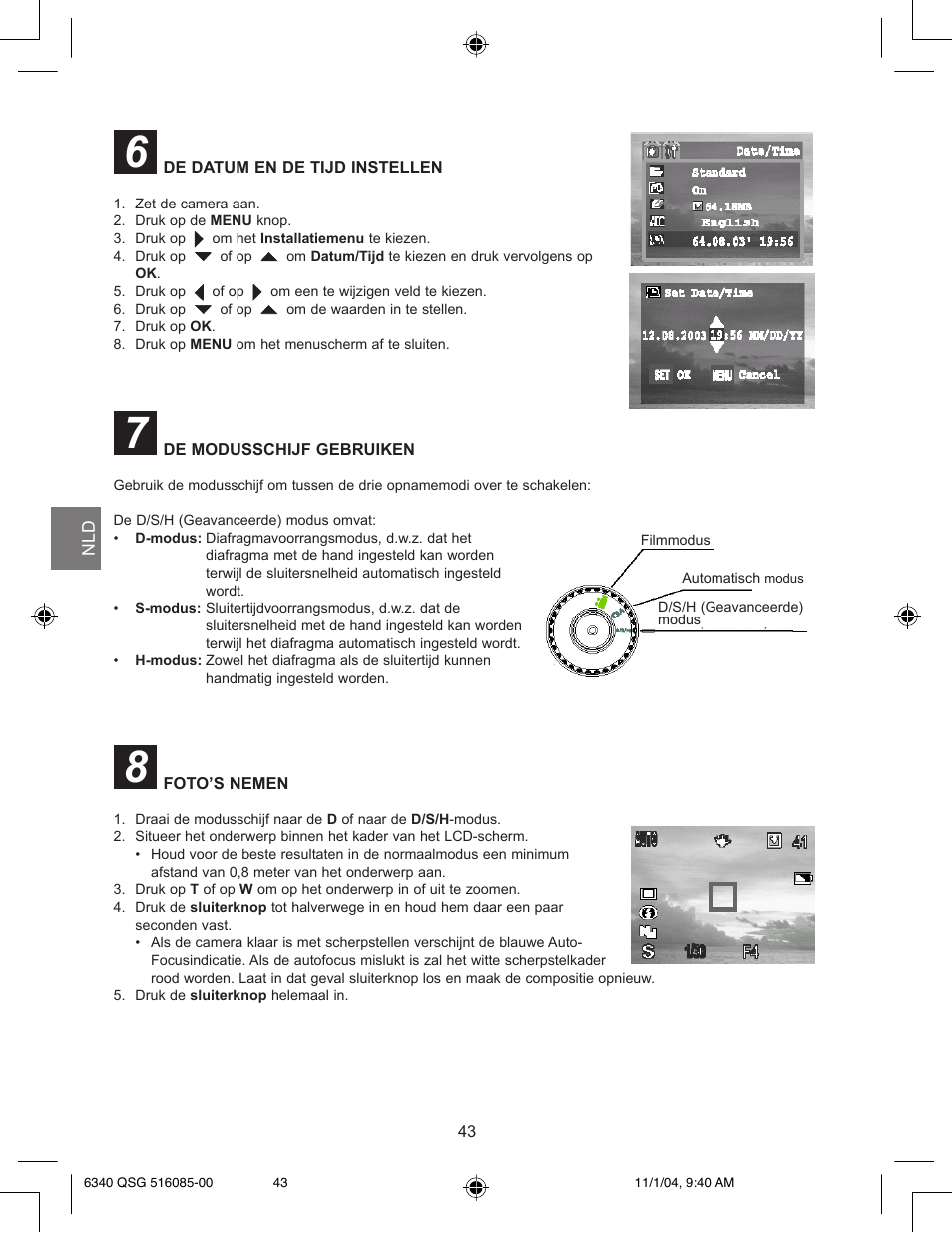 De datum en de tijd instellen, De modusschijf gebruiken, Foto’s nemen | Concord Camera 6340z User Manual | Page 45 / 59