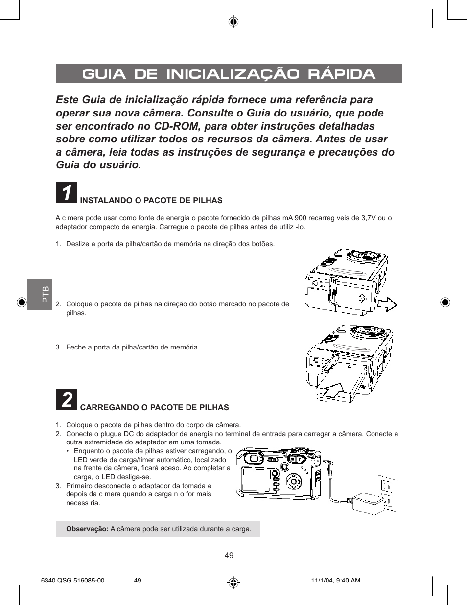 Guia de inicialização rápida, Instalando o pacote de pilhas, Carregando o pacote de pilhas | Concord Camera 6340z User Manual | Page 51 / 59