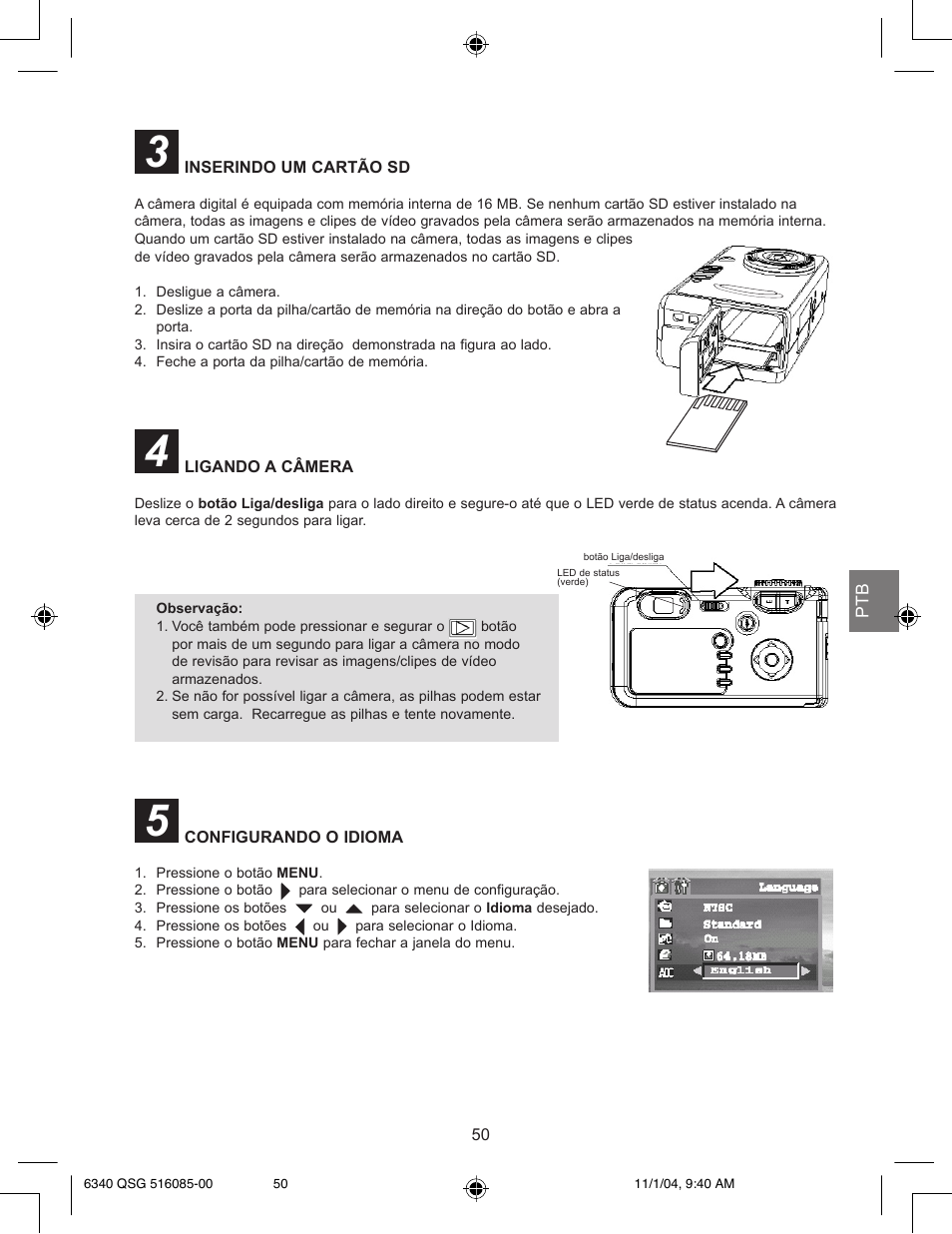 Inserindo um cartão sd, Ligando a câmera, Configurando o idioma | Concord Camera 6340z User Manual | Page 52 / 59