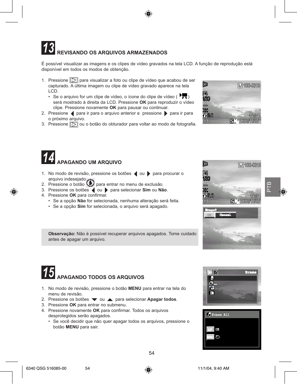 Revisando os arquivos armazenados, Apagando um arquivo, Apagando todos os arquivos | Concord Camera 6340z User Manual | Page 56 / 59