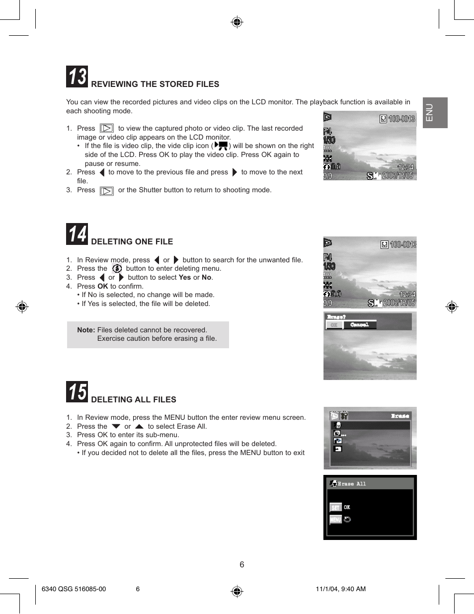 Reviewing the stored files, Deleting one file, Deleting all files | Concord Camera 6340z User Manual | Page 8 / 59