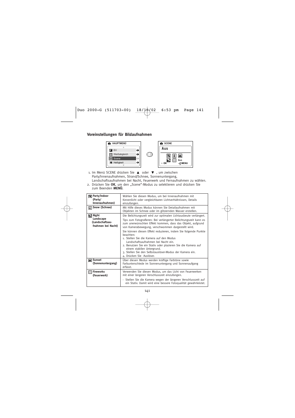 Voreinstellungen für bildaufnahmen, A u s | Concord Camera Duo 2000 User Manual | Page 143 / 231