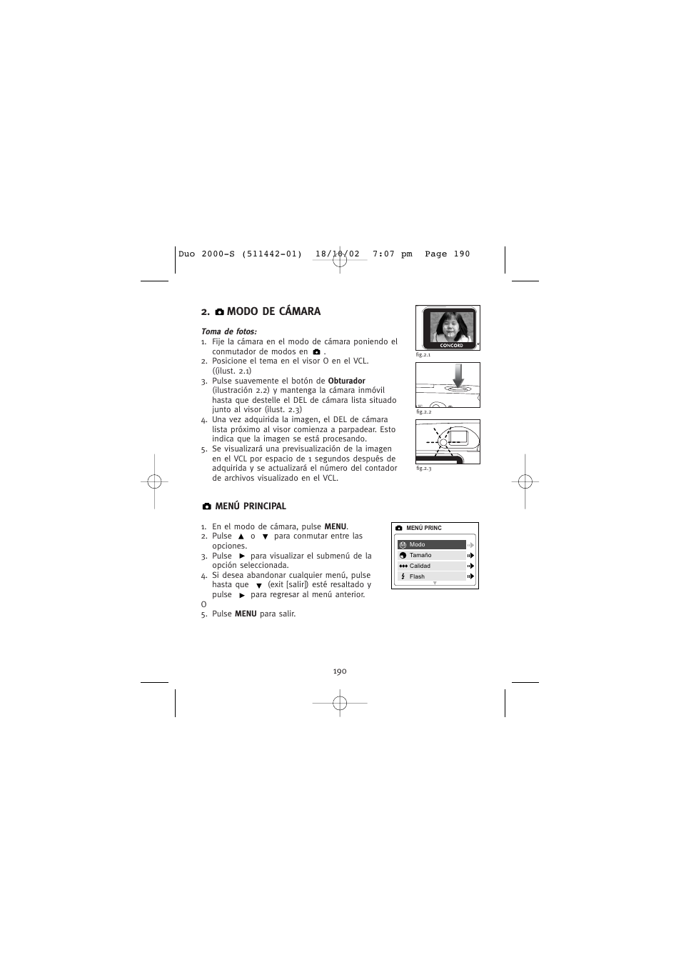 Modo de cámara | Concord Camera Duo 2000 User Manual | Page 192 / 231