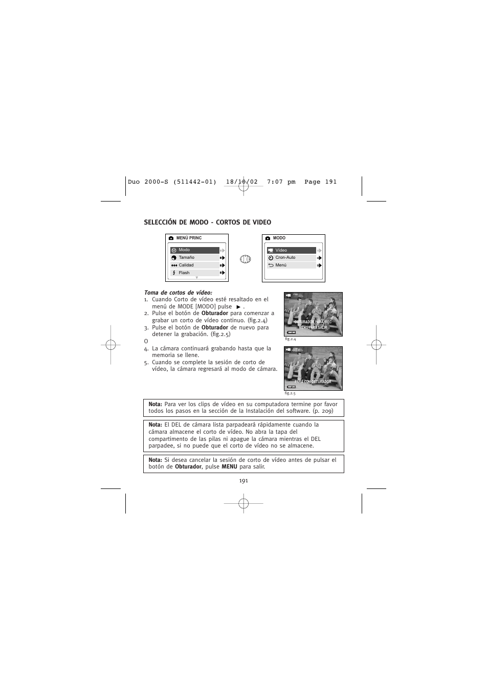 Selección de modo - cortos de video | Concord Camera Duo 2000 User Manual | Page 193 / 231