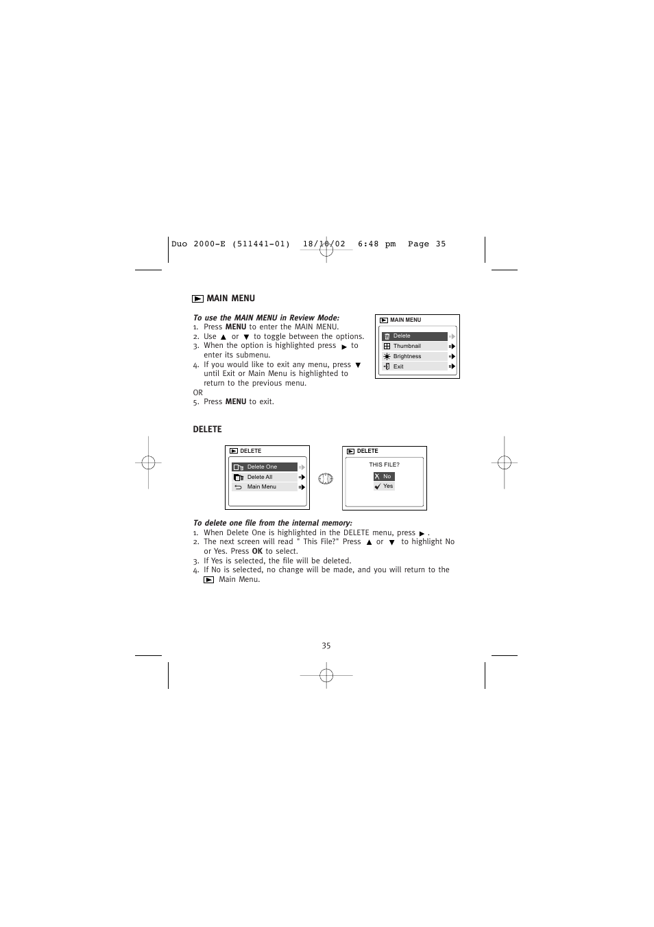 Main menu, Delete | Concord Camera Duo 2000 User Manual | Page 37 / 231