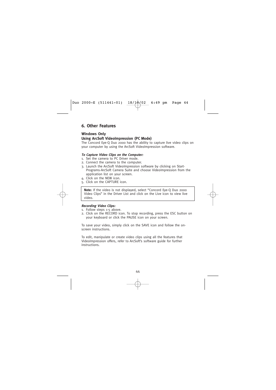 Other features | Concord Camera Duo 2000 User Manual | Page 46 / 231