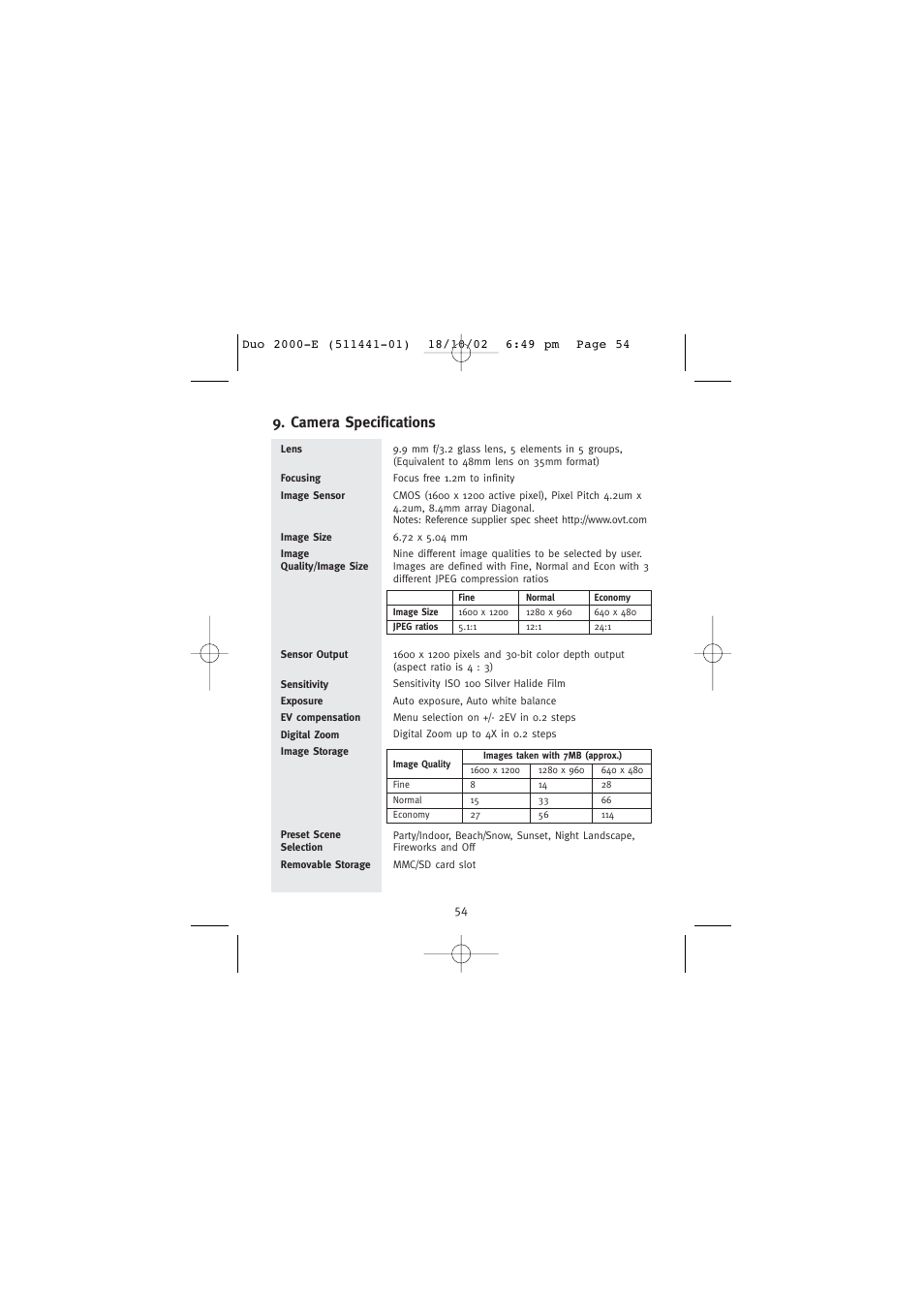 Camera specifications | Concord Camera Duo 2000 User Manual | Page 56 / 231